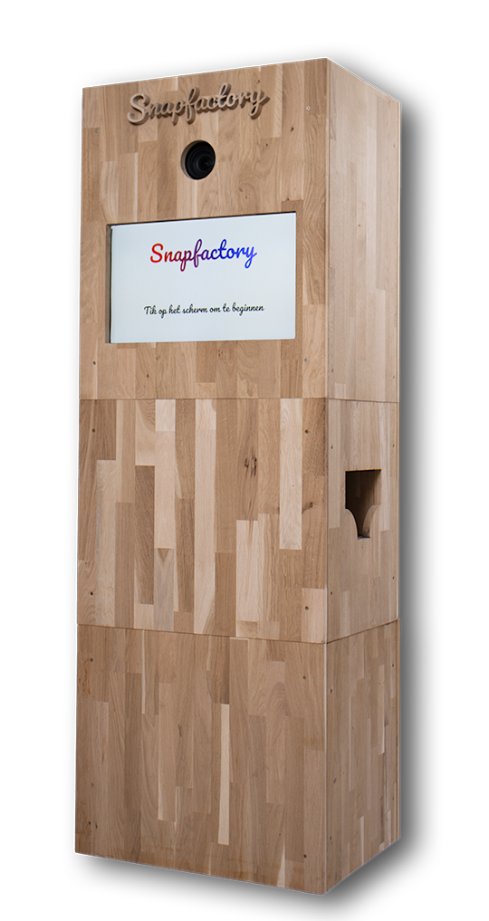 De houten Snapfactory photobooth met scherm en camera